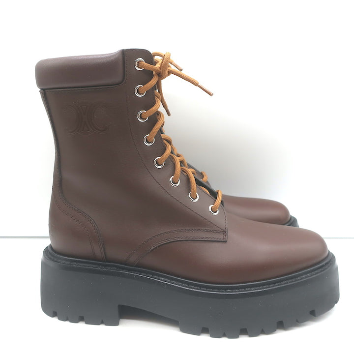 Celine Bulky Lace-Up Combat Boots Dark Brown Leather Size 37 NEW