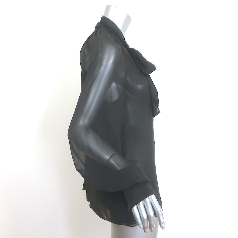 Oscar de la Renta Tie-Neck Chiffon Blouse Dark Brown Size 6 Long Sleeve Top