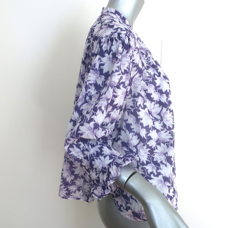Masscob Filipa Top Purple/White Floral Print Cotton Size Small 3/4 Sleeve Blouse