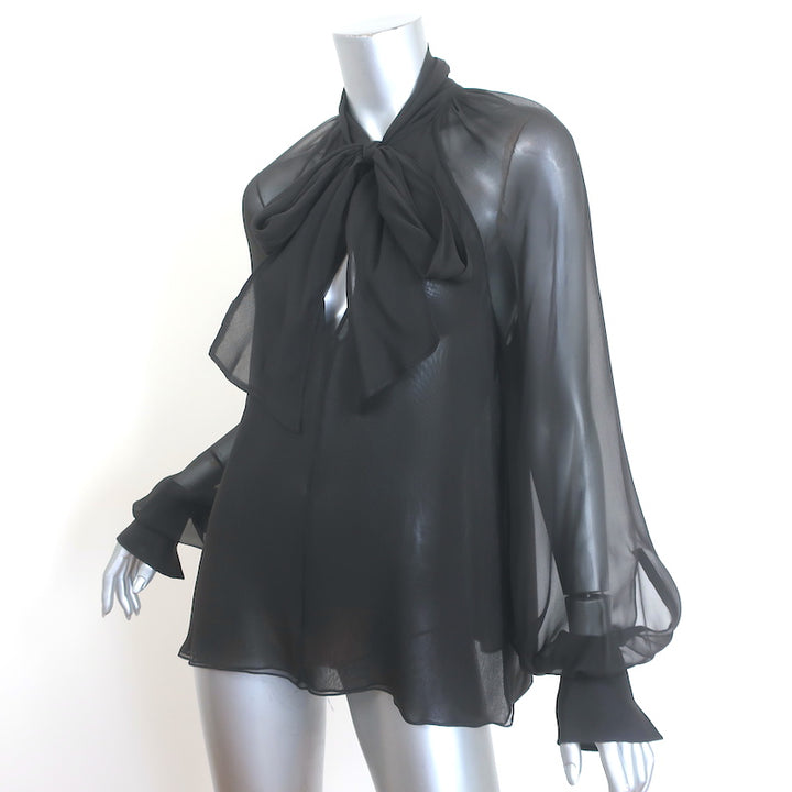 Oscar de la Renta Tie-Neck Chiffon Blouse Dark Brown Size 6 Long Sleeve Top
