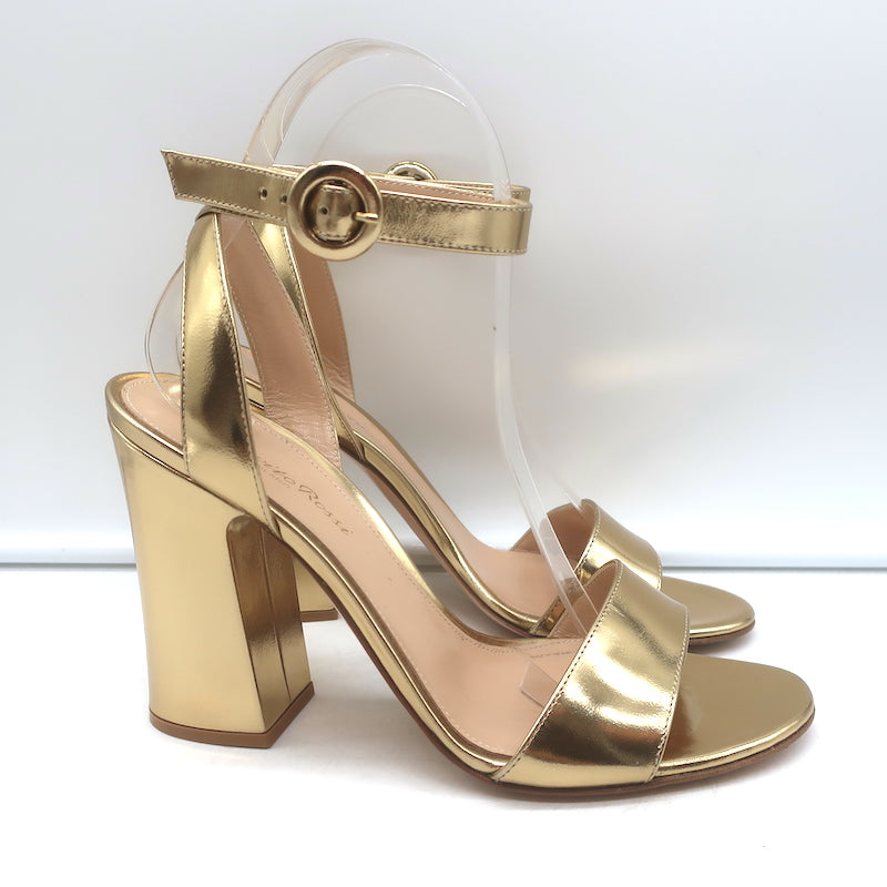 Gianvito Rossi Ankle Strap Block Heel Sandals Gold Mirrored Leather Size 38.5