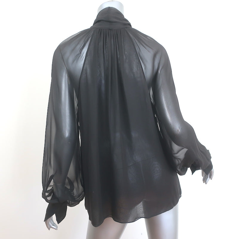 Oscar de la Renta Tie-Neck Chiffon Blouse Dark Brown Size 6 Long Sleeve Top