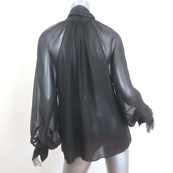 Oscar de la Renta Tie-Neck Chiffon Blouse Dark Brown Size 6 Long Sleeve Top