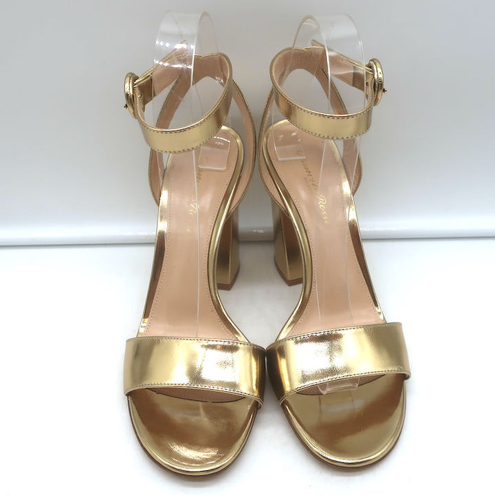 Gianvito Rossi Ankle Strap Block Heel Sandals Gold Mirrored Leather Size 38.5