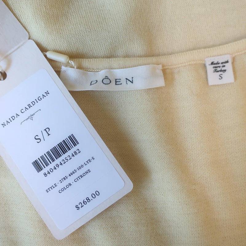 Doen Naida Tie-Neck Cardigan Citrone Featherweight Merino Wool Size Small NEW