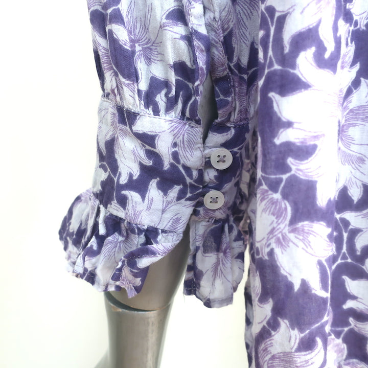 Masscob Filipa Top Purple/White Floral Print Cotton Size Small 3/4 Sleeve Blouse