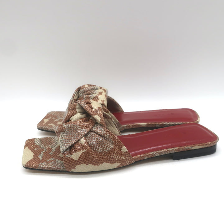 BY FAR Lima Knotted Flat Slide Sandals Almond Snake Print Leather Size 38 NEW