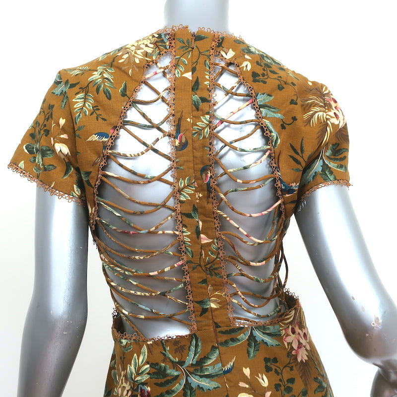 Zimmermann Tropicale Lattice Open-Back Mini Dress Brown Floral Print Size 1