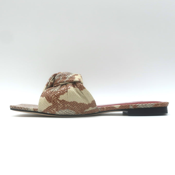 BY FAR Lima Knotted Flat Slide Sandals Almond Snake Print Leather Size 38 NEW