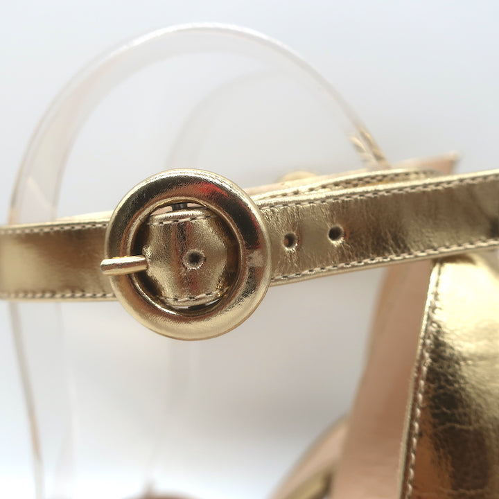 Gianvito Rossi Ankle Strap Block Heel Sandals Gold Mirrored Leather Size 38.5