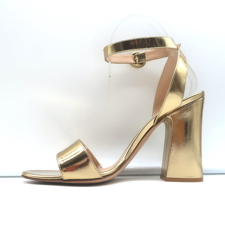 Gianvito Rossi Ankle Strap Block Heel Sandals Gold Mirrored Leather Size 38.5