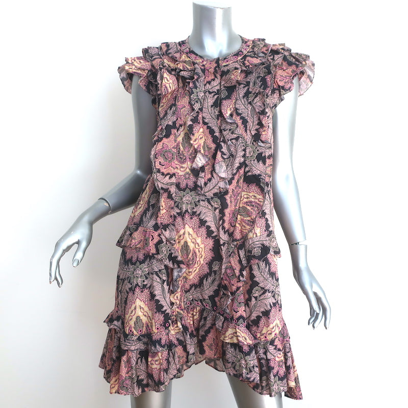 Isabel Marant Xanity Ruffled Mini Dress Pink/Multi Printed Cotton Size 38