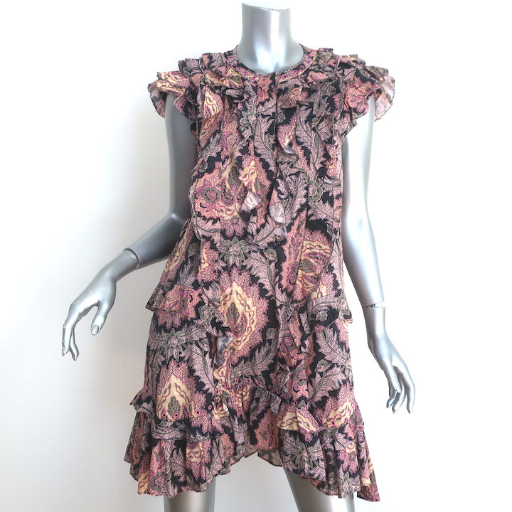 Isabel Marant Xanity Ruffled Mini Dress Pink/Multi Printed Cotton Size 38