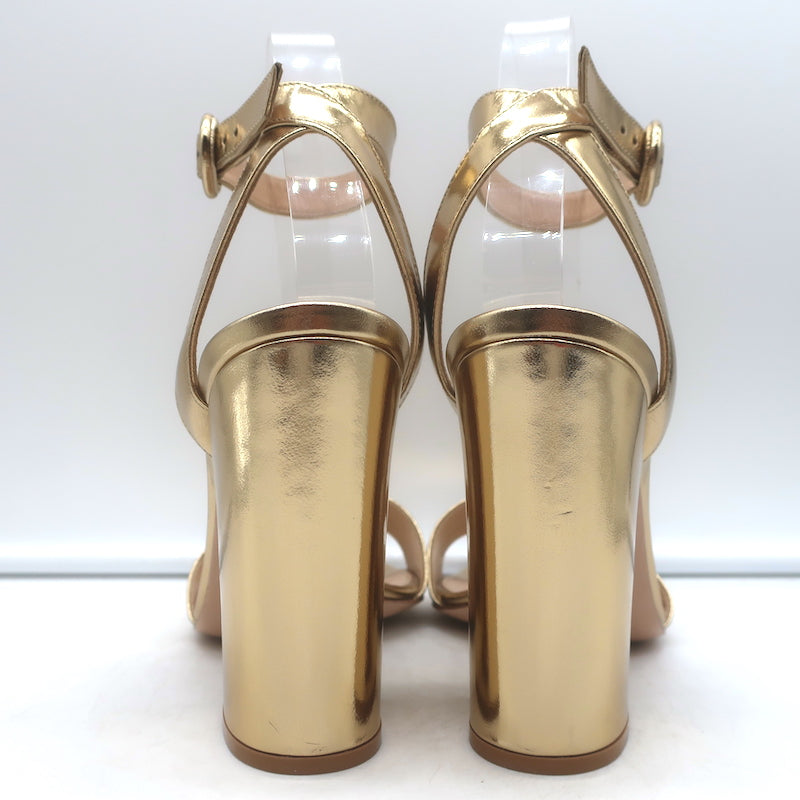 Gianvito Rossi Ankle Strap Block Heel Sandals Gold Mirrored Leather Size 38.5