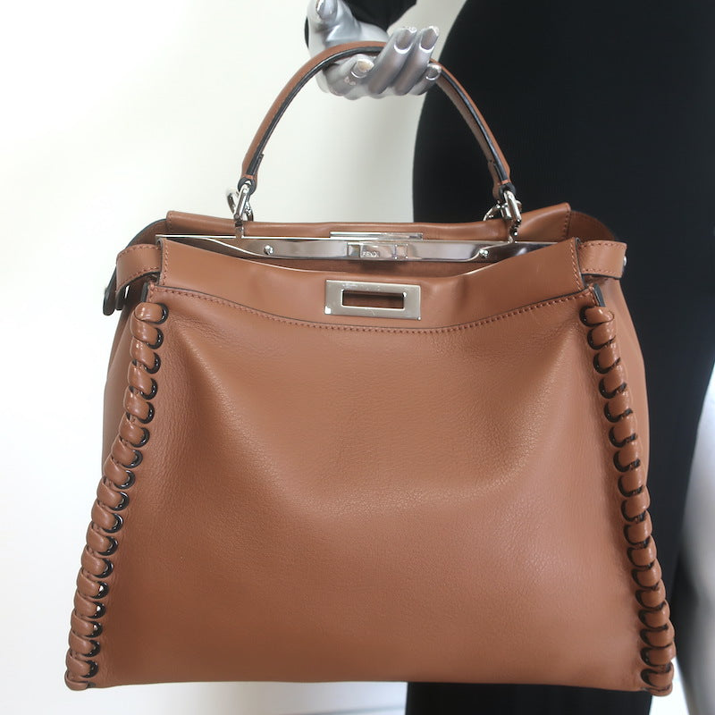 Fendi Large Peekaboo Whipstitch Satchel Brown Leather Shoulder Bag