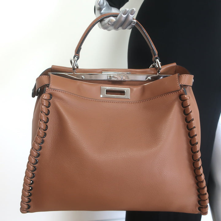 Fendi Large Peekaboo Whipstitch Satchel Brown Leather Shoulder Bag