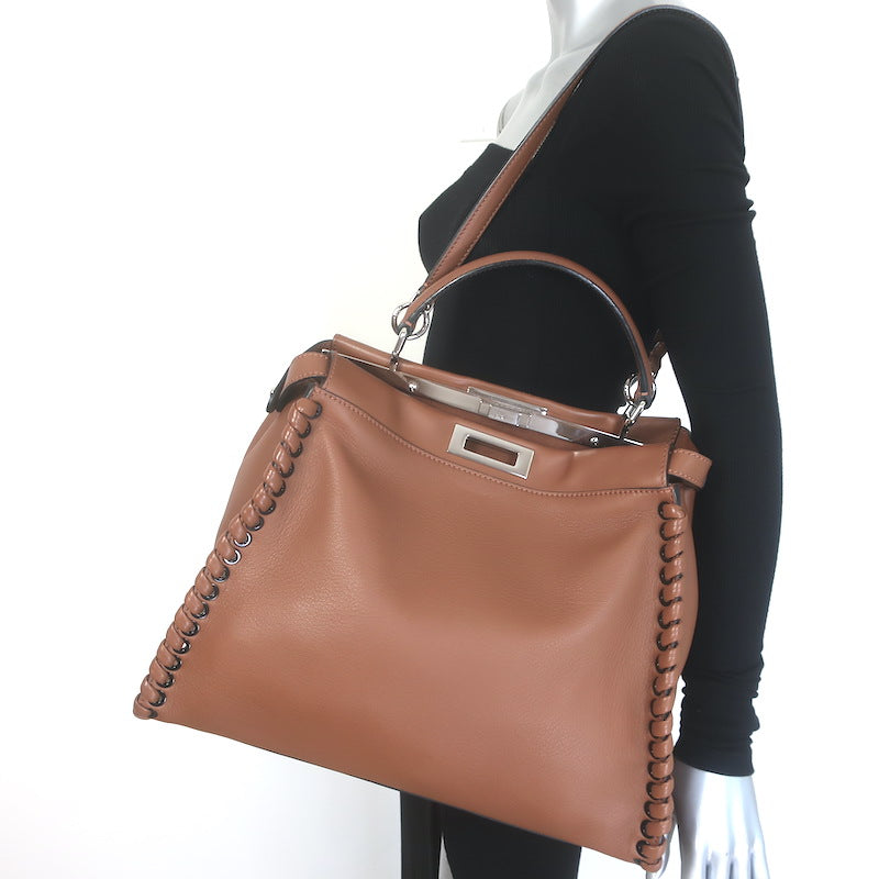 Fendi Large Peekaboo Whipstitch Satchel Brown Leather Shoulder Bag