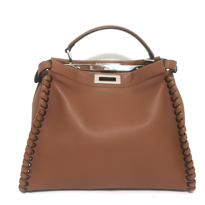 Fendi Large Peekaboo Whipstitch Satchel Brown Leather Shoulder Bag