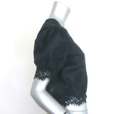 Doen Idella Lace-Trim Top Black Ramie Size Extra Small Puff Sleeve Blouse