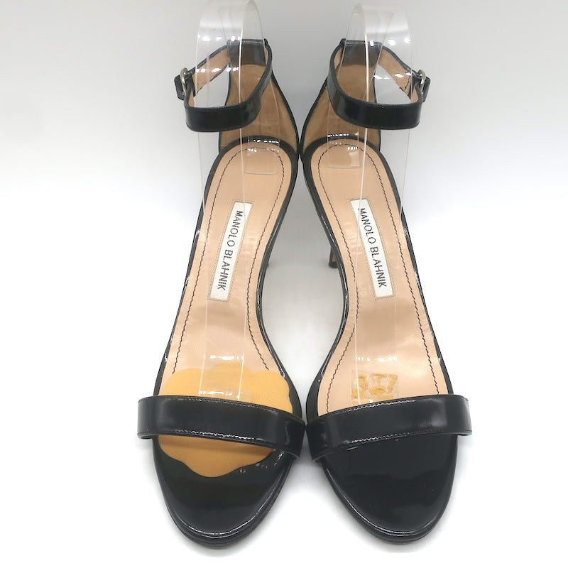 Manolo Blahnik Chaos Ankle Strap Sandals Black Patent Leather Size 38.5