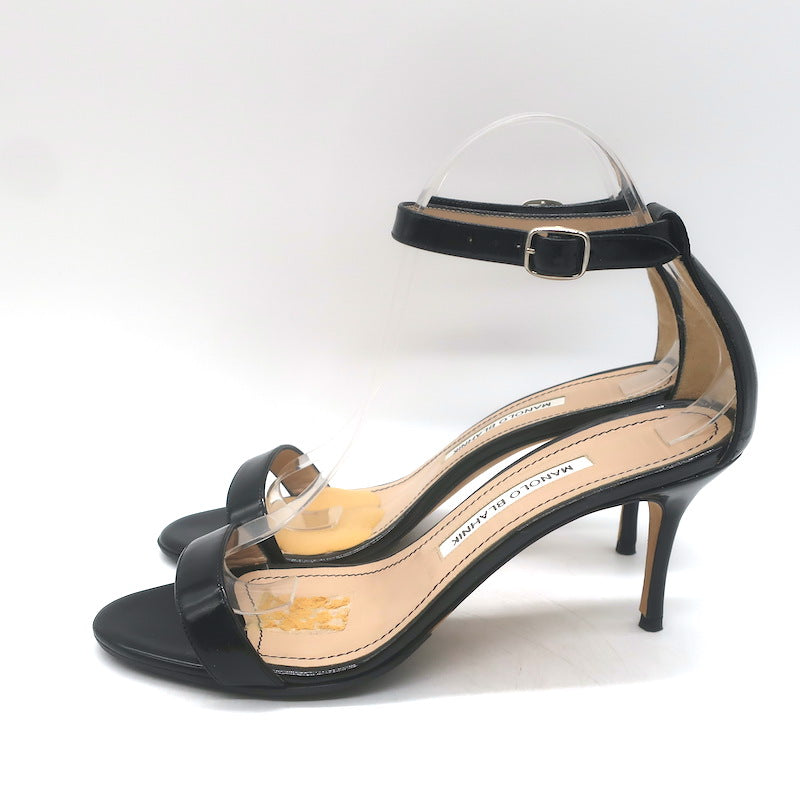 Manolo Blahnik Chaos Ankle Strap Sandals Black Patent Leather Size 38.5