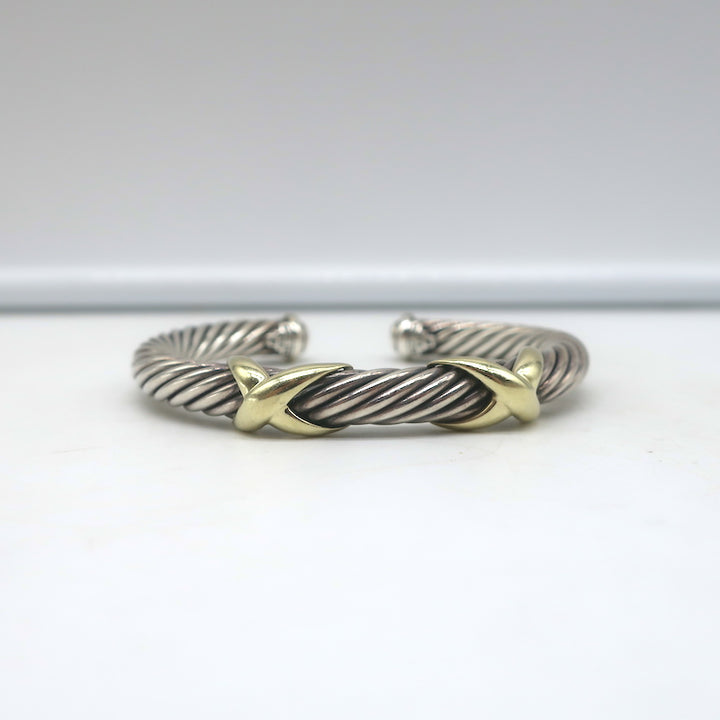 David Yurman Double X Cable Cuff Bracelet Sterling Silver &amp; 14k Gold 7mm