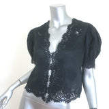 Doen Idella Lace-Trim Top Black Ramie Size Extra Small Puff Sleeve Blouse