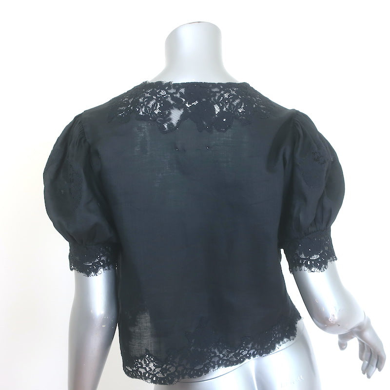 Doen Idella Lace-Trim Top Black Ramie Size Extra Small Puff Sleeve Blouse