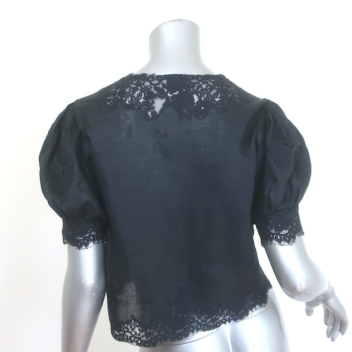 Doen Idella Lace-Trim Top Black Ramie Size Extra Small Puff Sleeve Blouse