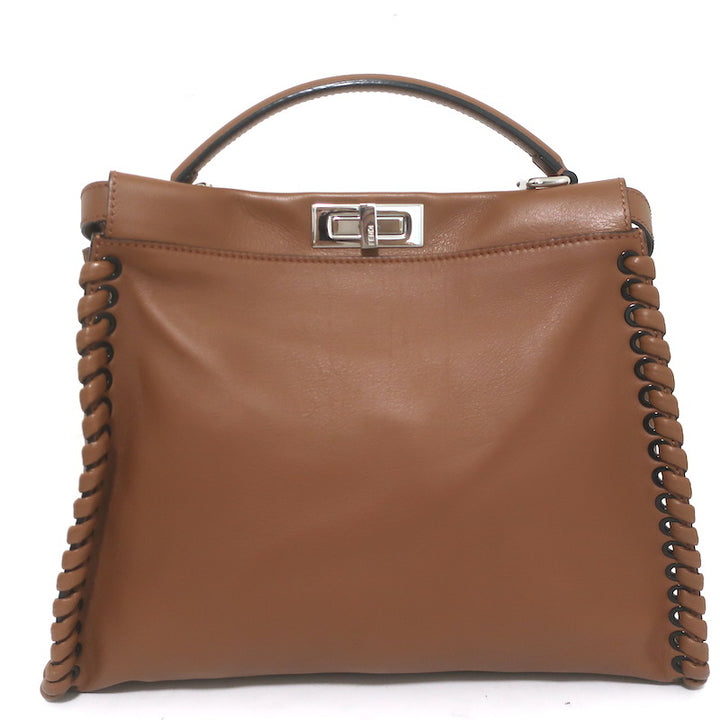 Fendi Large Peekaboo Whipstitch Satchel Brown Leather Shoulder Bag