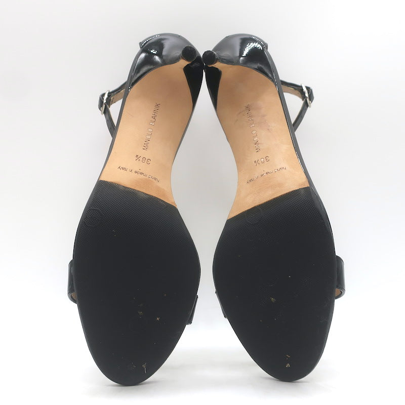 Manolo Blahnik Chaos Ankle Strap Sandals Black Patent Leather Size 38.5