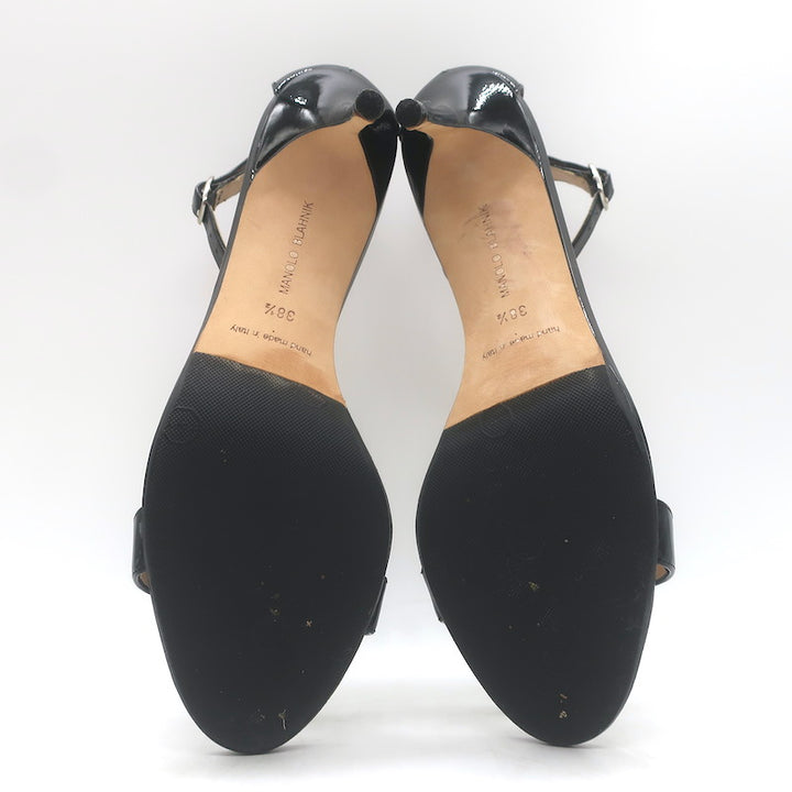 Manolo Blahnik Chaos Ankle Strap Sandals Black Patent Leather Size 38.5
