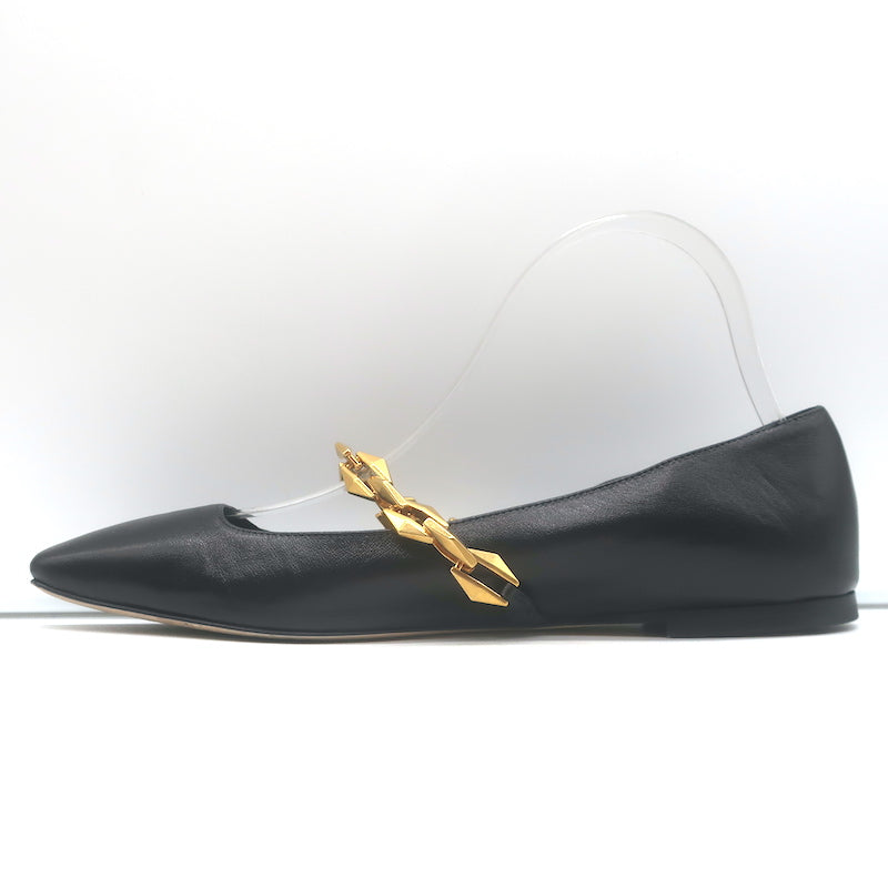 Jimmy Choo Diamond Tilda Chain-Strap Ballet Flats Black Leather Size 38.5