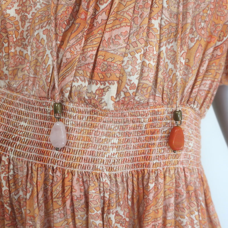 Zimmermann Brighton Fringed Hem Midi Dress Orange Paisley Print Linen Size 1