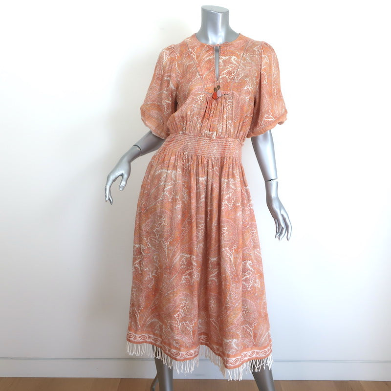 Zimmermann Brighton Fringed Hem Midi Dress Orange Paisley Print Linen Size 1