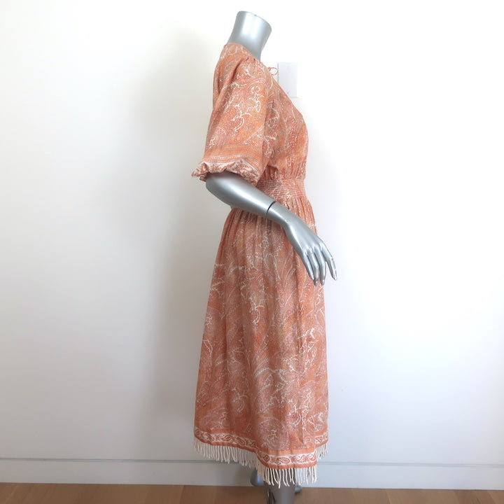Zimmermann Brighton Fringed Hem Midi Dress Orange Paisley Print Linen Size 1