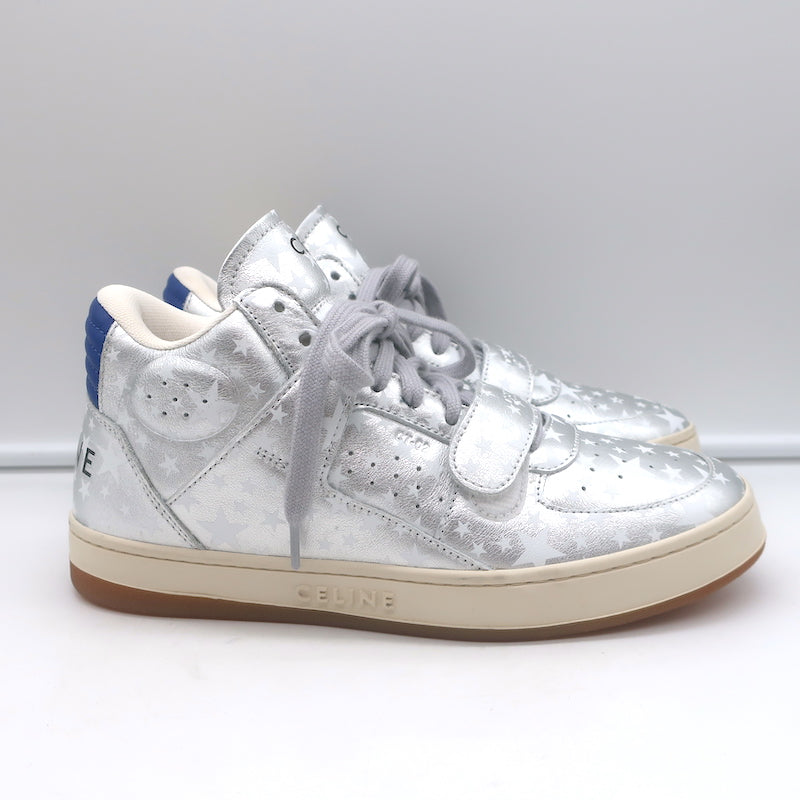 Celine CT-02 Scratch Sneakers Star Print Metallic Silver Leather Size 37