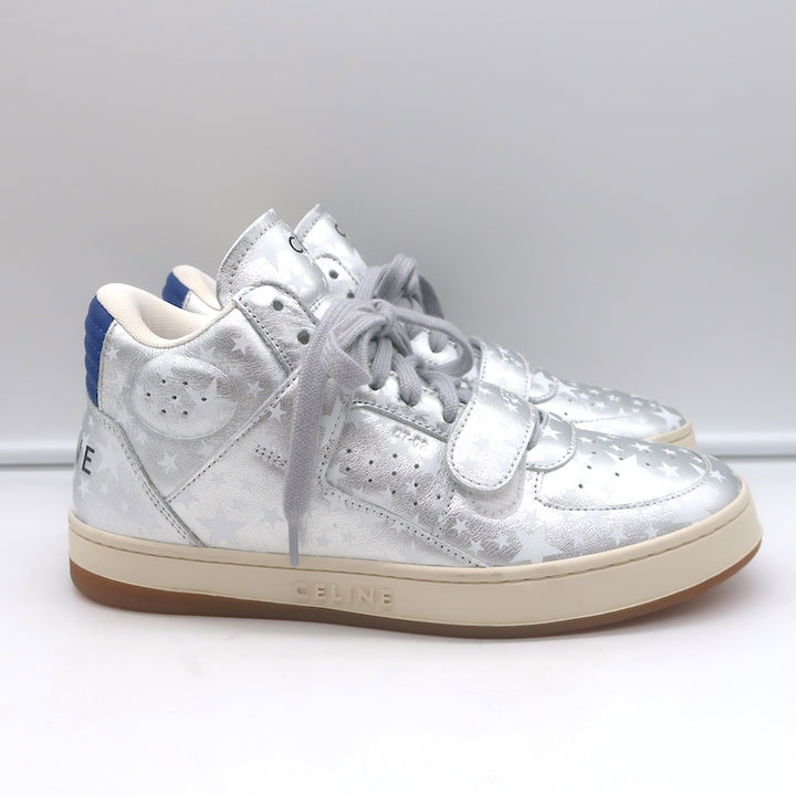 Celine CT-02 Scratch Sneakers Star Print Metallic Silver Leather Size 37