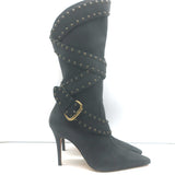 Manolo Blahnik Karo Studded Buckle Boots Black Nubuck Leather Size 39.5