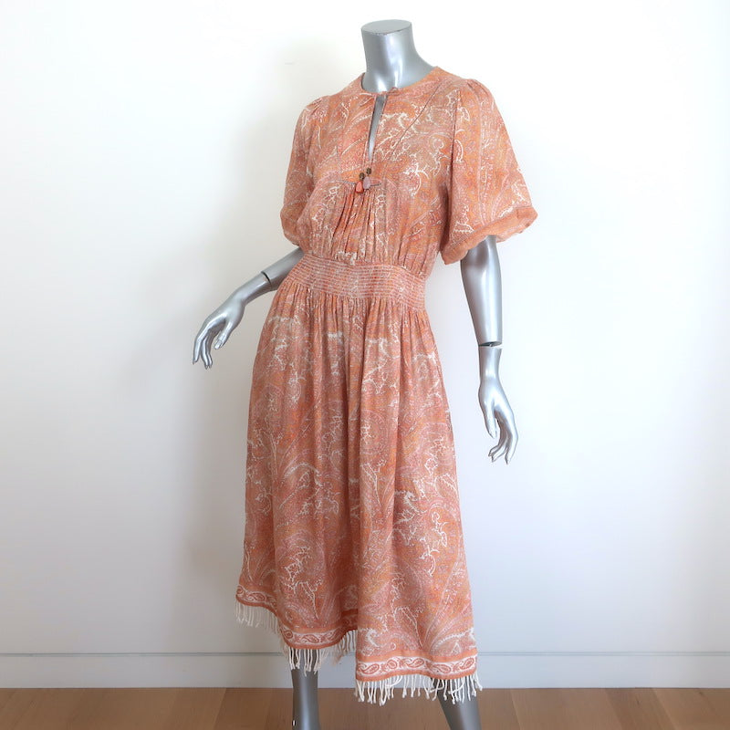 Zimmermann Brighton Fringed Hem Midi Dress Orange Paisley Print Linen Size 1