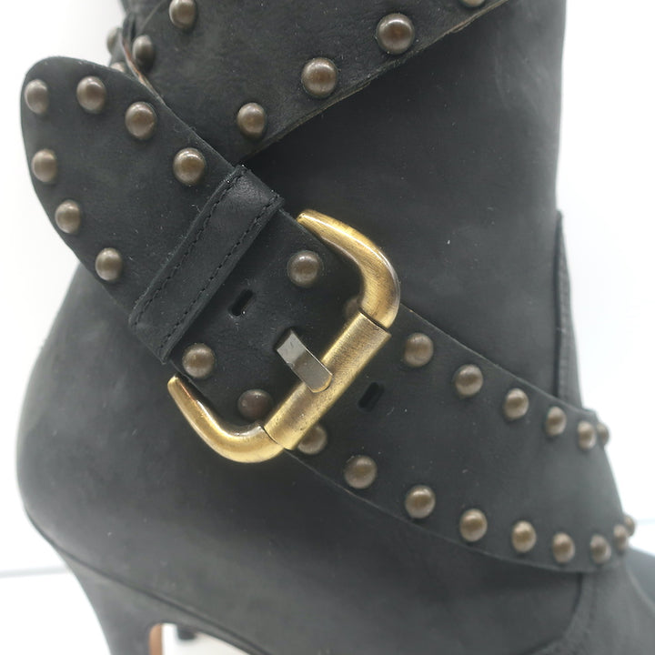 Manolo Blahnik Karo Studded Buckle Boots Black Nubuck Leather Size 39.5