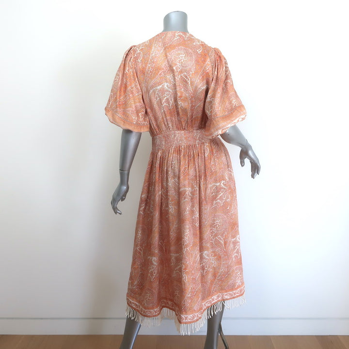 Zimmermann Brighton Fringed Hem Midi Dress Orange Paisley Print Linen Size 1