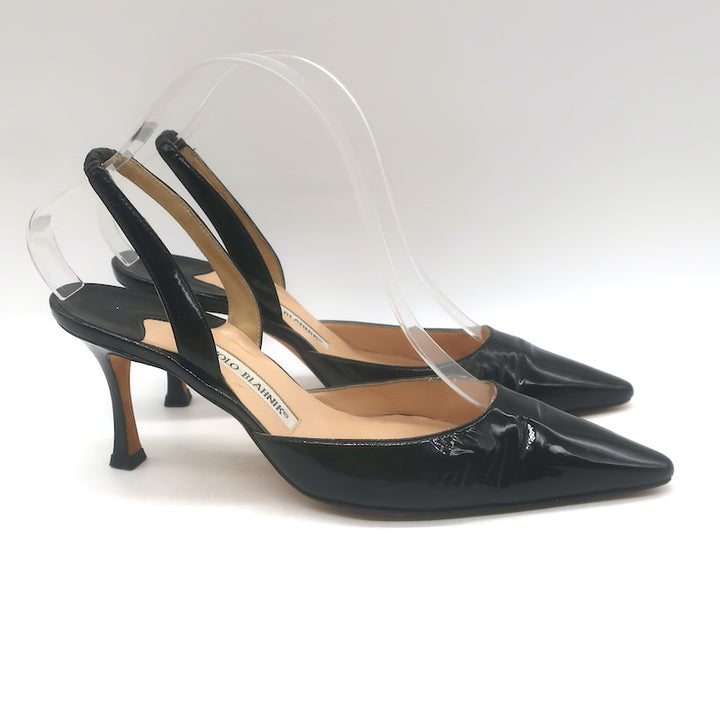 Manolo Blahnik Carolyne Slingback Pumps Black Patent Leather Size 38.5
