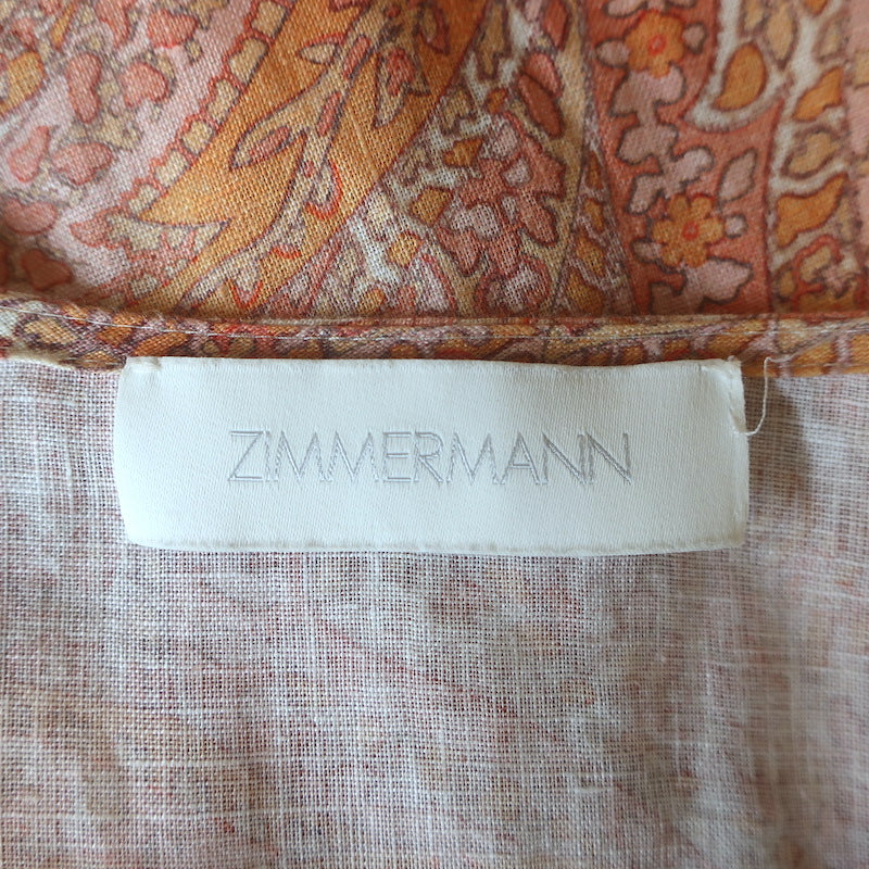 Zimmermann Brighton Fringed Hem Midi Dress Orange Paisley Print Linen Size 1