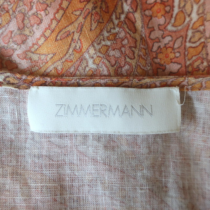 Zimmermann Brighton Fringed Hem Midi Dress Orange Paisley Print Linen Size 1
