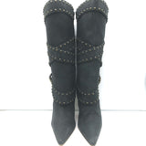 Manolo Blahnik Karo Studded Buckle Boots Black Nubuck Leather Size 39.5