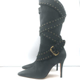 Manolo Blahnik Karo Studded Buckle Boots Black Nubuck Leather Size 39.5
