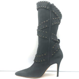 Manolo Blahnik Karo Studded Buckle Boots Black Nubuck Leather Size 39.5