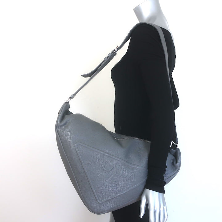 Prada Large Triangle Bag Gray Grained Leather NEW