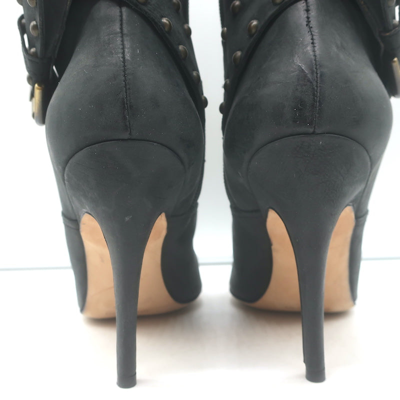Manolo Blahnik Karo Studded Buckle Boots Black Nubuck Leather Size 39.5